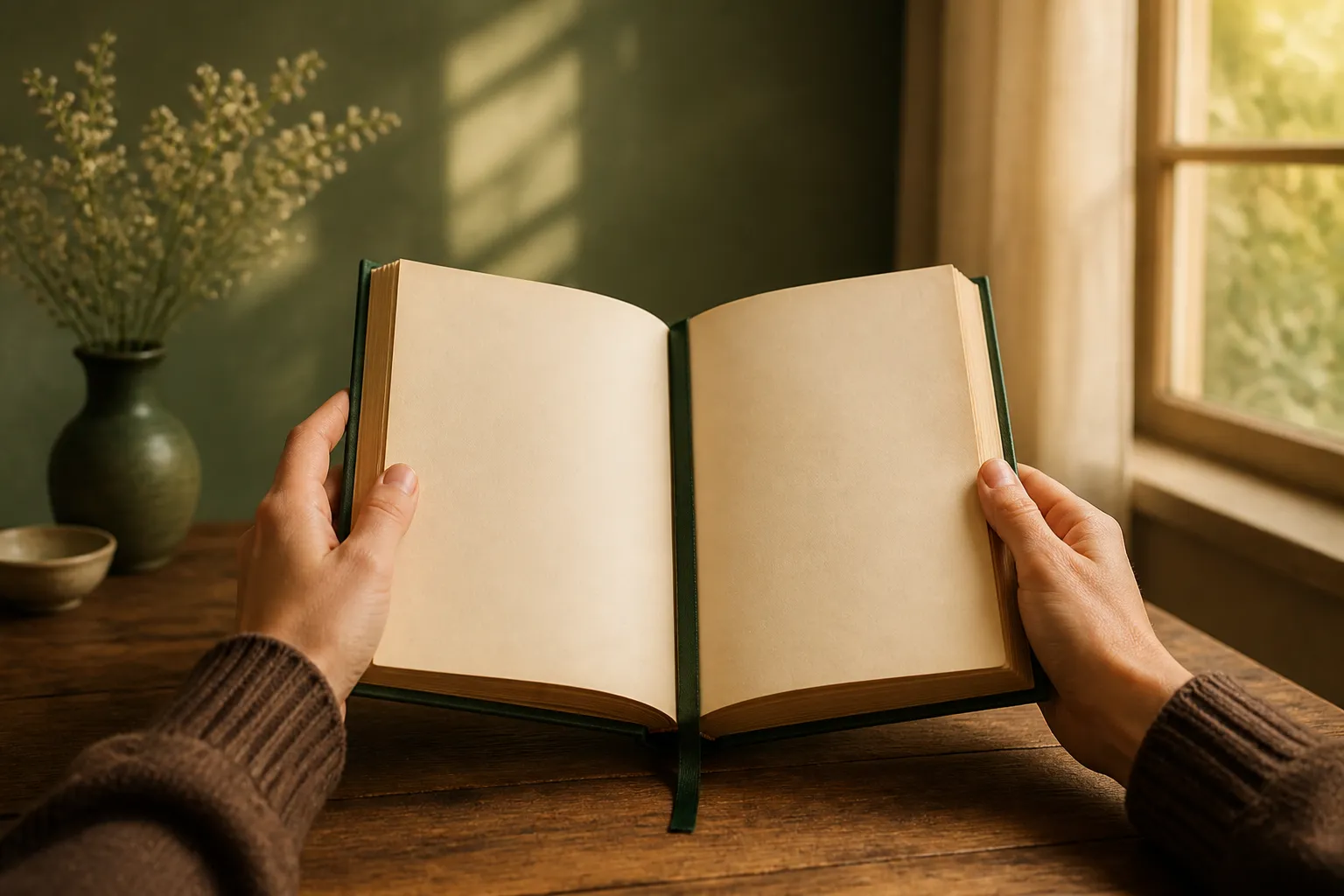 Hands opening a finished hardcover book with a forest green bookmark